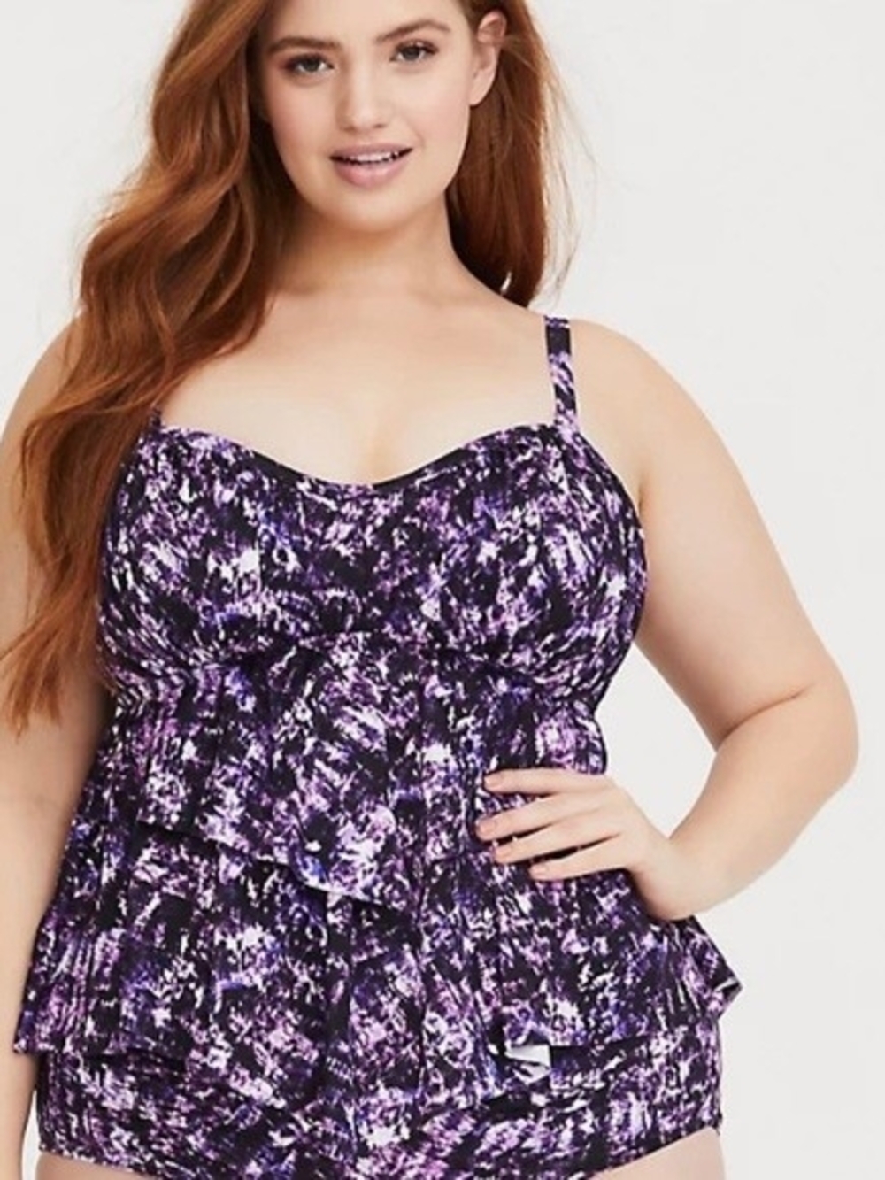 Plus Size Purple Black Ruffled Tankini Swim Top